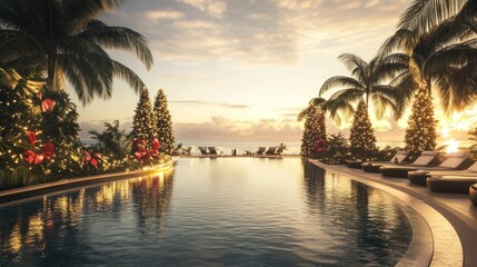 Tropical Christmas sunset at resort pool.