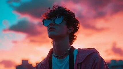 Wall Mural - Young Man Contemplates Sunset Cityscape