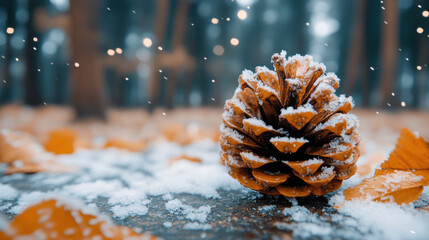 Wall Mural - Snow Storm, A pine cone rests on a snowy surface surrounded by autumn leaves, with soft snowflakes falling in a tranquil forest setting.