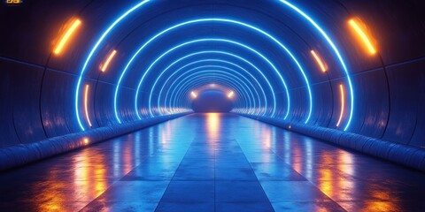 Leinwandbilder - Futuristic Neon Corridor with Glowing Blue Lines in a Dark Space for 3D Rendering and Graphic Design