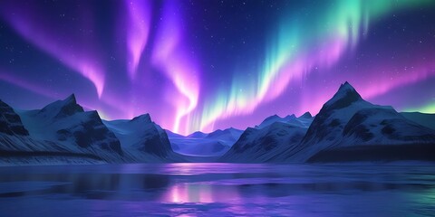  Magical northern lights dancing in the sky over an icy mountain landscape. A fantasy-inspired artwork capturing the surreal beauty of the aurora borealis in a dreamlike winter scene.

