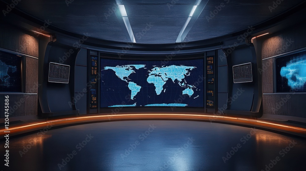 Futuristic Virtual News Studio Background with Interactive World Map ...