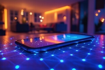 Wall Mural - Smart home control: Phone on illuminated table, connected network visualized.