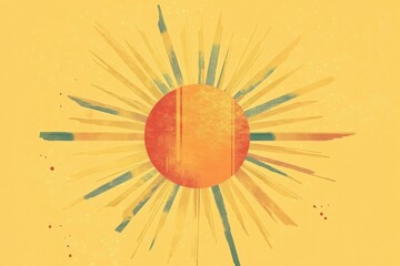 Poster - Bright sun graphic with radiating rays in warm colors on a yellow background during daytime. Generative AI