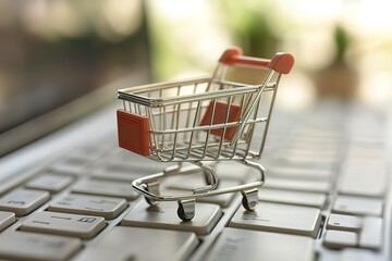 Mini shopping cart on laptop keyboard; online shopping concept.