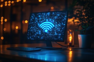 Wall Mural - Wireless network signal displayed on a computer screen in a dimly lit room.