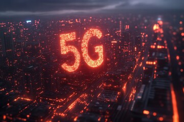 Sticker - Glowing 5G network over a futuristic cityscape at night.  A digital representation of high-speed connectivity.