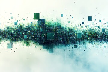 Wall Mural - abstract digital data stream, glowing cubes and lines forming a dynamic wave.