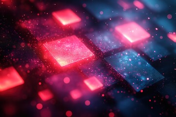 Wall Mural - Abstract digital background with glowing squares and particles.  Perfect for tech, innovation, or futuristic themes.