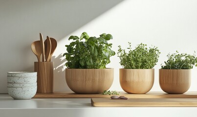 Sticker - Kitchen Herb Garden in Wooden Pots and Utensils