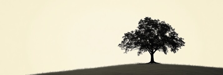Leinwandbilder - Silhouette of a solitary tree on a grassy hill against a blank sky during sunset. Generative AI