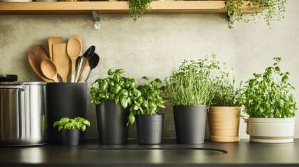 Canvas Print - Kitchen Herb Garden in Black Pots and Wooden Utensils