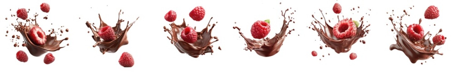 Wall Mural - Delicious Raspberries Splashing in Chocolate Milk on transparent background