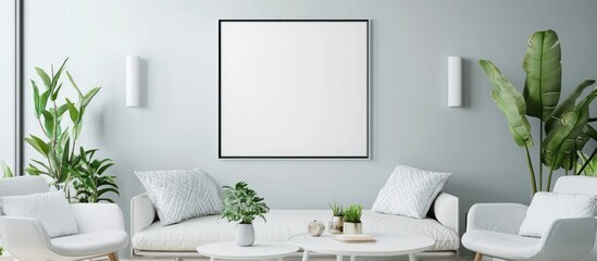 Light grey wall and white furniture with a framed poster mockup on display.