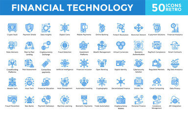 financial technology icon set with crypto vault, payment shield, data insights, digital coins, mobil
