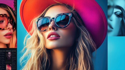 Model interface edit software application woman with glasses and hat modern minimalist, background wallpaper AI generated image