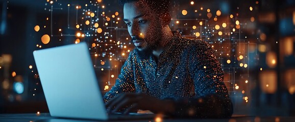 Man using laptop with glowing data particles.