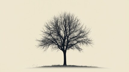Poster - Solitary tree stands alone on a gentle hill, silhouetted against a soft, light background in a tranquil setting. Generative AI
