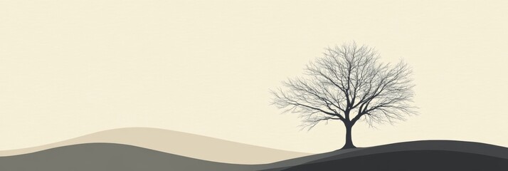 Poster - Lonely tree stands against a serene landscape during a calm sunrise in a minimalist setting. Generative AI