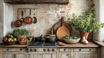 Sticker - Rustic Kitchen Interior with Copper Pots and Herbs