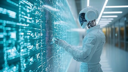 Robot interacting with digital code wall.