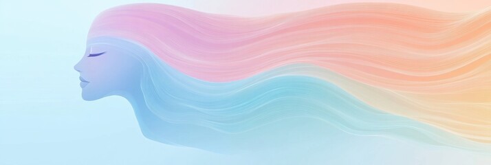 Aufkleber - Colorful flowing hair and serene face create a dreamy atmosphere with soft pastel hues in an abstract representation. Generative AI