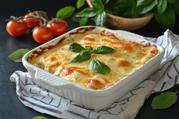 Wall Mural - Oven cooked eggplant with mozzarella tomatoes and basil Nutritious Italian dish Eggplant parmigiana