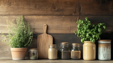 Canvas Print - Rustic Kitchen Still Life Herbs, Spices, and Wooden Utensils