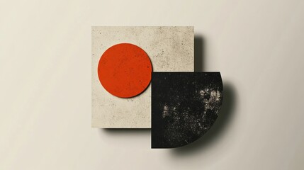 Leinwandbilder - Abstract geometric shapes created with a red circle, black semi circle, and textured squares over a neutral background. Generative AI
