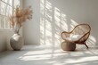 © tiger - Sunlit Minimalistic Room with Beige Walls and Flooring Natural Light and Leaf Shadows for Product Display