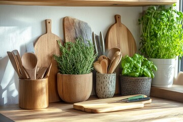 Canvas Print - Rustic Kitchen Utensils and Herbs on Wooden Shelf