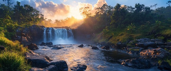 Sticker - Majestic waterfall at sunset, surrounded by lush rainforest.