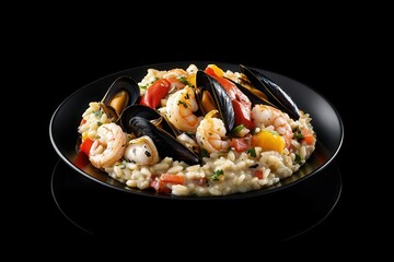 Wall Mural - Seafood risotto served on a dark plate