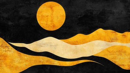 Canvas Print - abstract landscape design featuring sun and stylized mountains in warm yellow tones