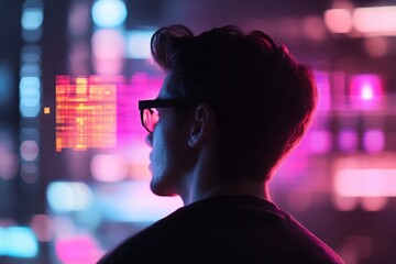 man viewing data, neon city backdrop