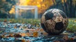 © tiger - Muddy Soccer Ball in Grass with Soccer Goal Background Abandoned in Field