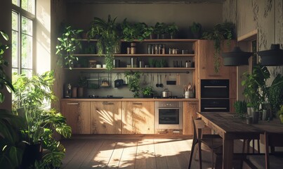 Wall Mural - Sunlit Kitchen with Abundant Indoor Plants and Rustic Decor