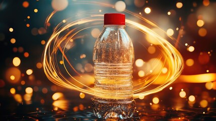 Wall Mural - Plastic bottle with a red cap surrounded by swirling lights, capturing dynamic energy and movement in a vibrant setting