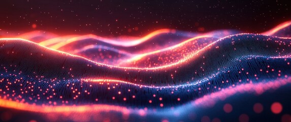 Futuristic Digital Landscape with Glowing Binary Codes and Cyberpunk Elements