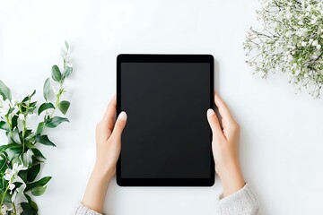 Hands using black tablet isolated on white background