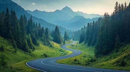 Canvas Print - Winding asphalt road through lush green mountain valley at sunrise.