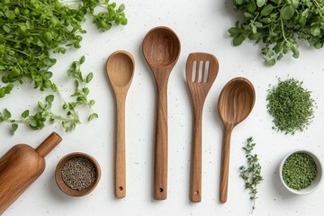 Poster - Wooden Spoons and Herbs on White Background