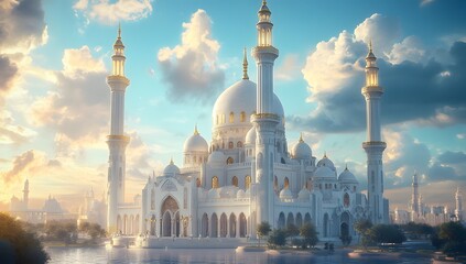 Canvas Print - Majestic White Mosque Architectural Design at Sunset