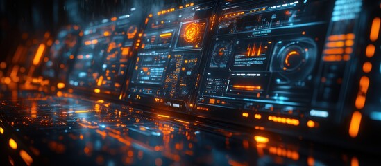 Wall Mural - futuristic digital interface with glowing orange and blue displays.
