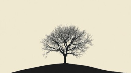 Poster - Lonely tree stands on hill against a plain background during a calm evening. Generative AI