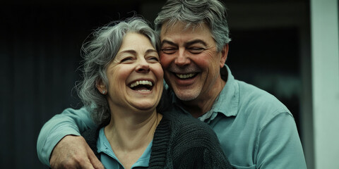 A happy middle-aged couple hugging each other and laughing, generative AI