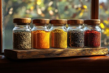 Vibrant Kitchen Scene with Five Colorful Spice Jars and Wooden Lids