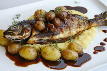 Poster - White plate featuring oven roasted whole fish potatoes polenta and sauces from above