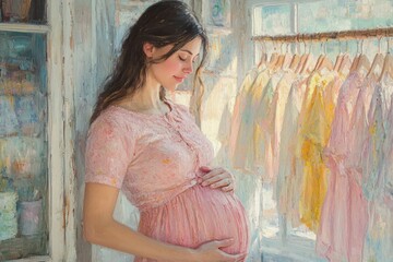 Pregnant woman cherishing baby clothes with love in serene indoor setting