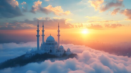 Canvas Print - Majestic Mosque Above Clouds Sunset Cityscape